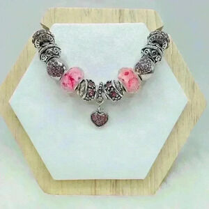 Pink Heart Pendant Charm Bracelet With Rhinestone Beads